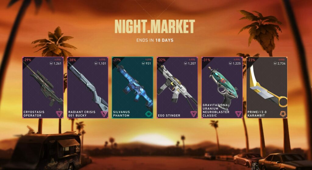 Once all cards are opened, you can see the contents of the VALORANT Night Market. The available cosmetics are usually much cheaper than normal, as you can see in the image above.