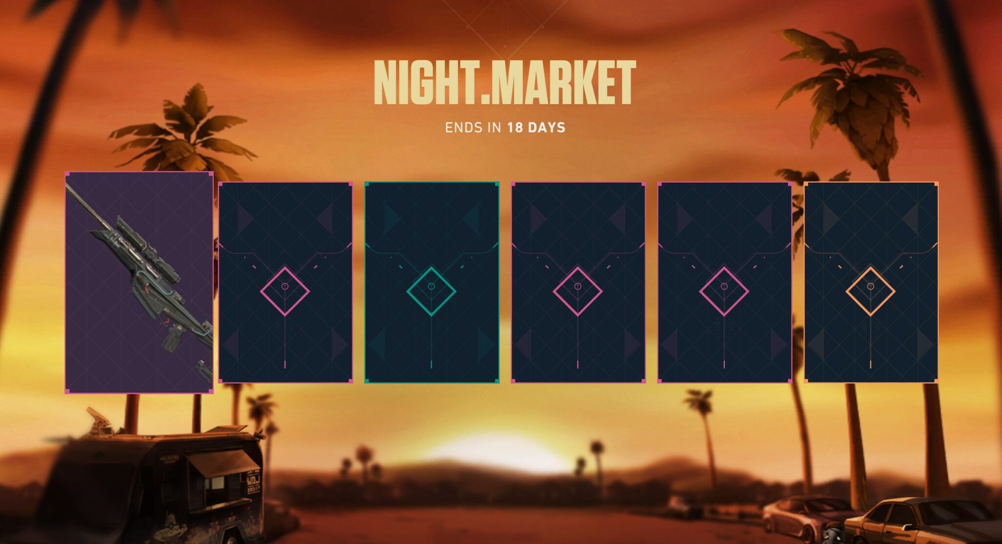 One opened card with the others face down in the VALORANT Night Market.