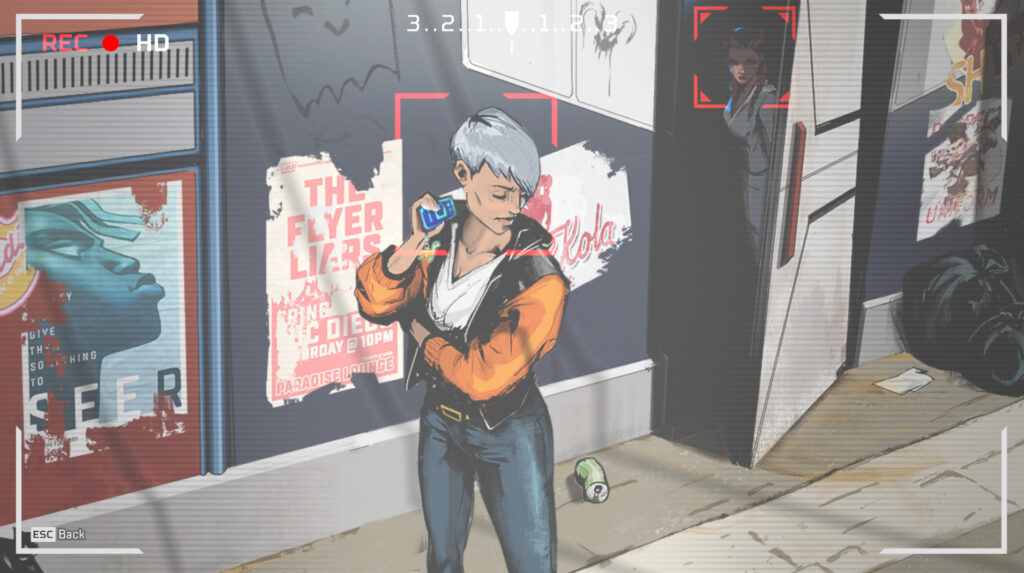 Scene 1 of the Neon Network event with Valkyrie on the phone in the alley (Screenshot via esports.gg)
