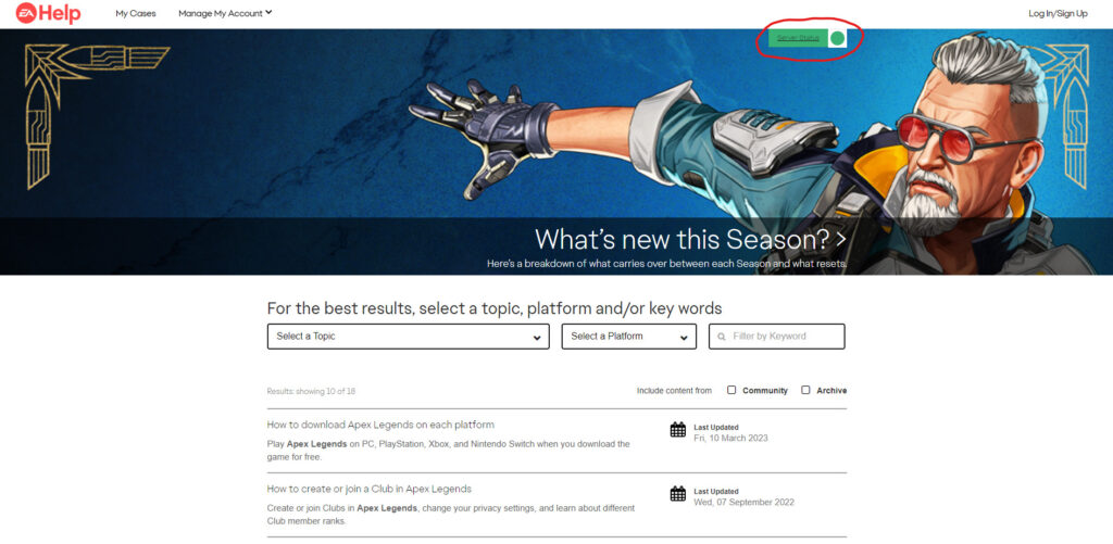 The Apex Legends server status can be seen circled in red