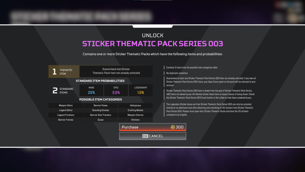 The item probabilities for a sticker pack (Image via Respawn Entertainment)