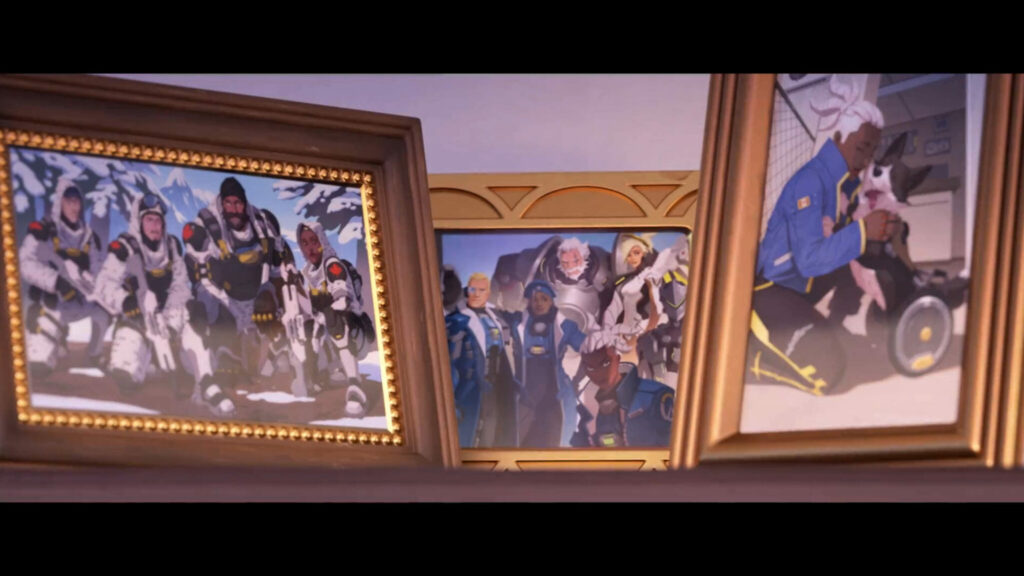 Sojourn's framed photos of Overwatch members (Image via Blizzard Entertainment)