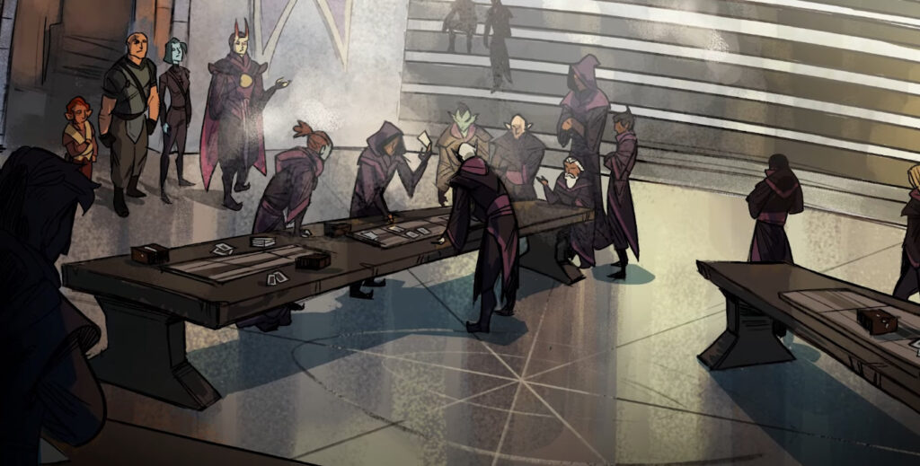 The council of mages and scholars in Dota 2's Artifact Comic