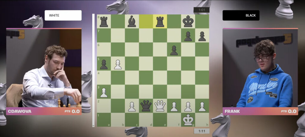 Frank blunders his Rook (Re8) but CDawgVA misses the mate in one opportunity.