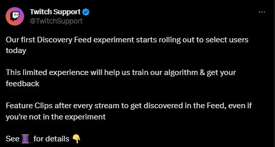 Twitch announced its first Discovery Feed experiment on Twitter (Image via Twitch Support on Twitter)