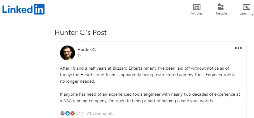 Hearthstone layoffs - image via <a href="https://www.hearthpwn.com/news/10343-apparent-restructure-at-blizzard-hearthstone-team" target="_blank" rel="noreferrer noopener nofollow">Hearthpwn</a>