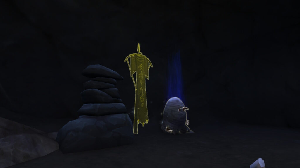 <em>The Deadsnare Caverns burial marker in the Secrets of Azeroth Pinewood Post quest chain.</em>