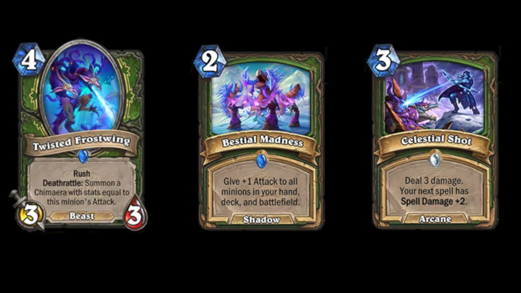 A few Hunter cards include Twisted Frostwing, Bestial Madness, and Celestial Shot (Image via Blizzard Entertainment)