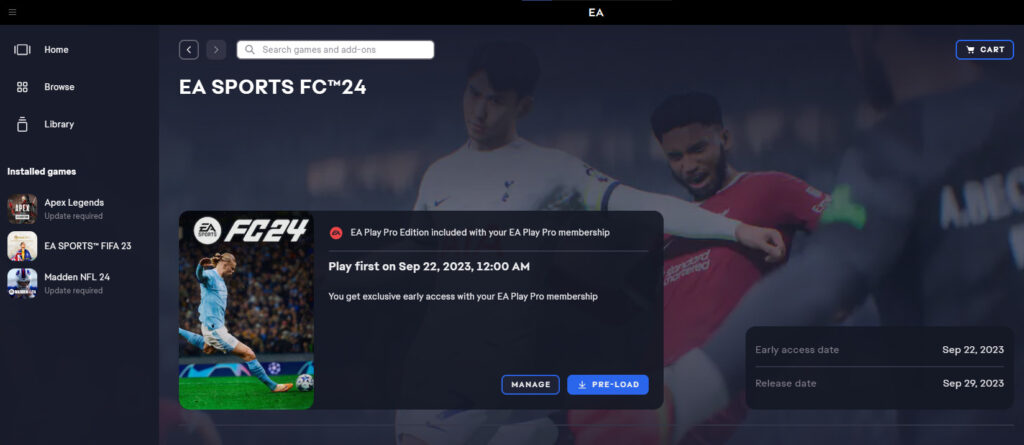 Preloading EA FC 24 is super easy on the EA App.