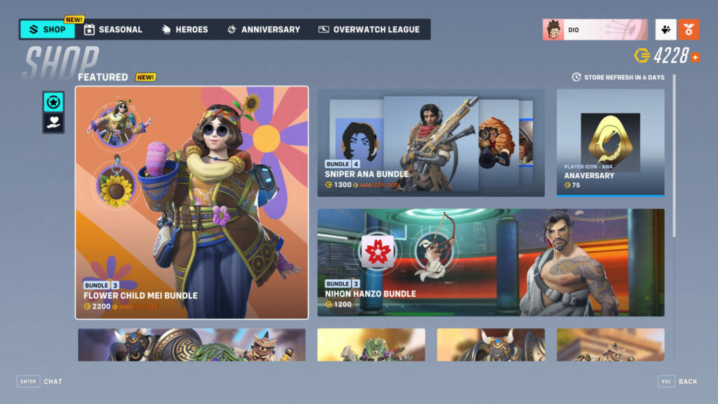 The weekly shop rotation features Sniper Ana and Nihon Hanzo (Image via Blizzard Entertainment)