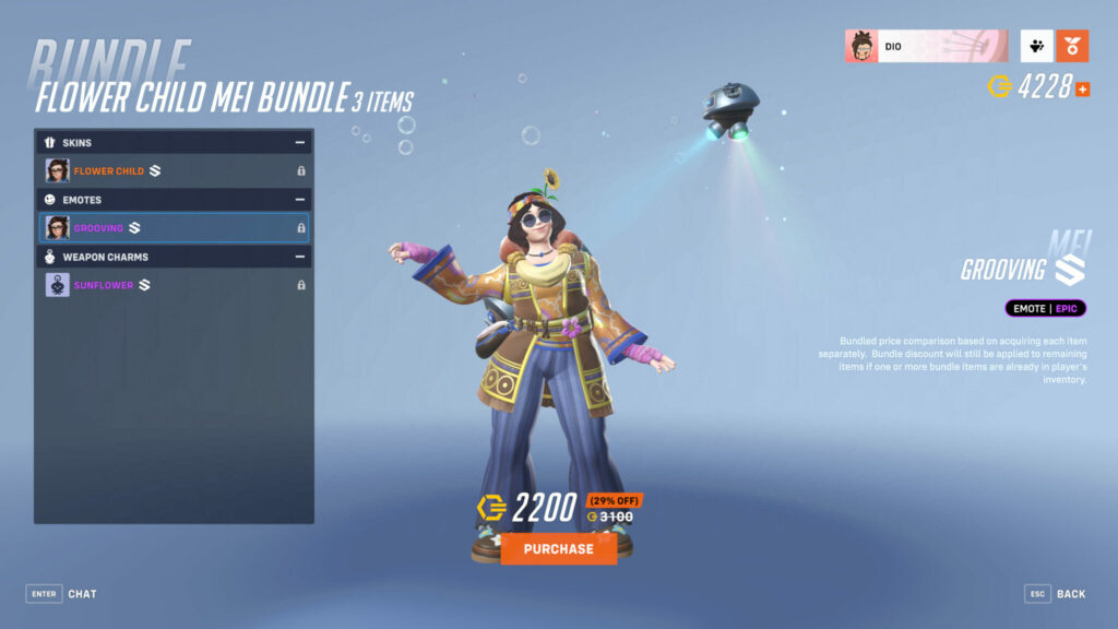 The Flower Child Mei skin with the Grooving emote (Image via Blizzard Entertainment)