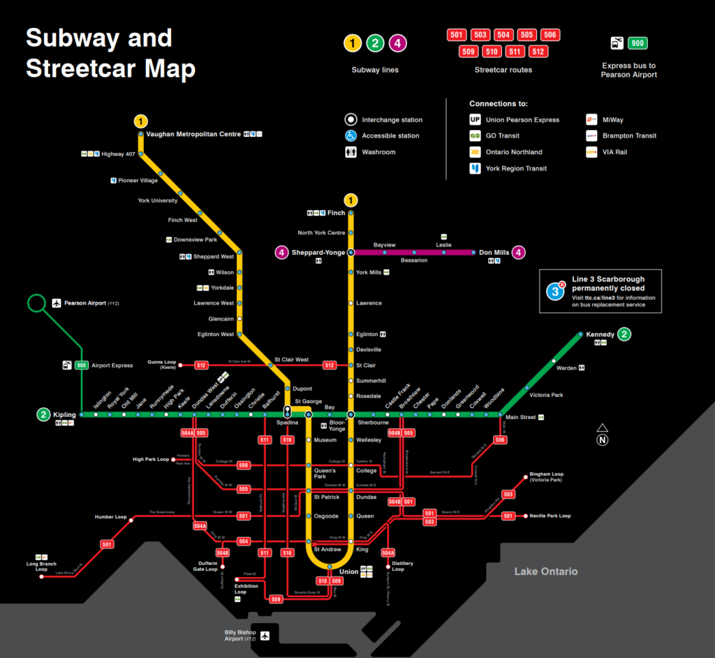 Toronto subway and streetcar map (Image via the Toronto Transit Commission)