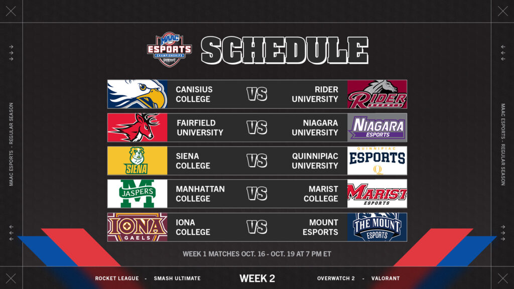 Week 2 MAAC esports schedule for every game title (image via eFuse)