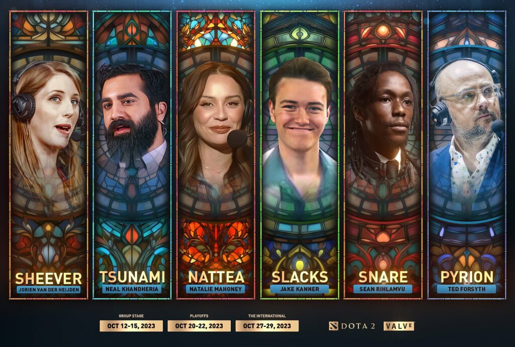 TI12 English hosts: Sheever, Tsunami, NatTea, Slacks, Snare, and Pyrion<br>(Image via Valve)