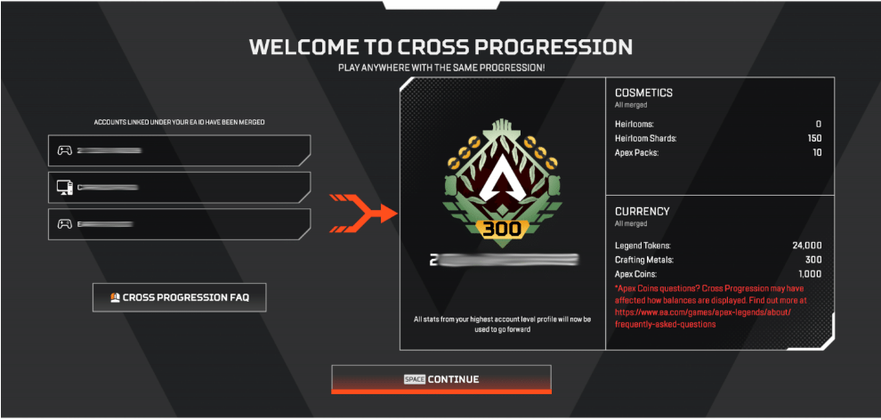 The cross progression prompt screen (via Respawn)