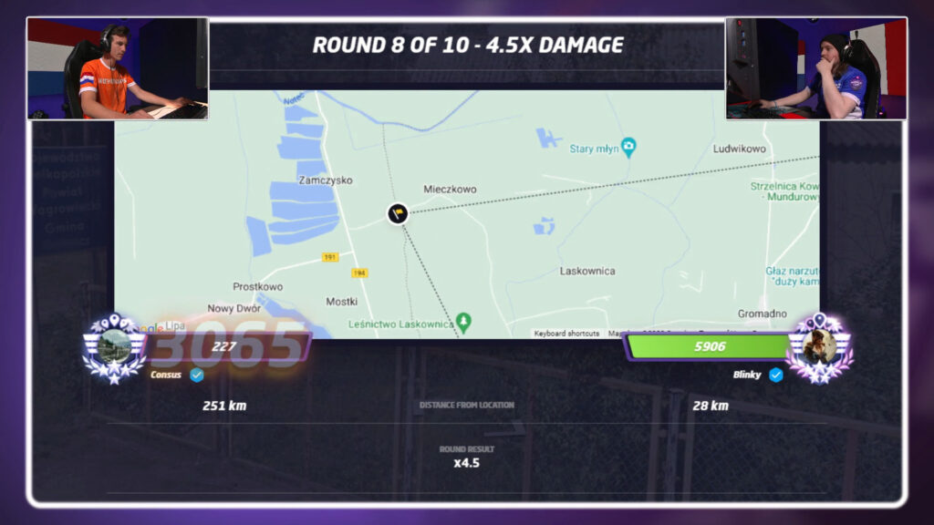 Blinky defeats Consus in Game 1 with 5906 health to spare.<br>(Screenshot from GeoGuessr Twitch)