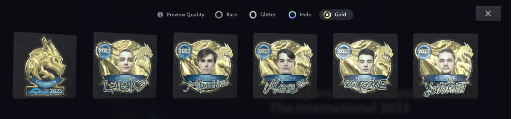 Team Spirit Champion Stickers in Gold style.<br>(Screenshot from Dota 2)