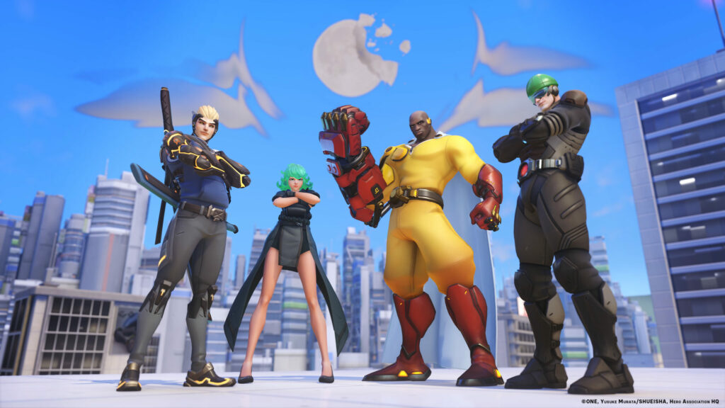 Genos Genji, Tatsumak Kiriko, Saitama Doomfist, and Mumen Rider Soldier: 76 (Image via Blizzard Entertainment)