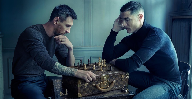 Photo of Messi and Ronaldo playing chess for Luis Vuitton. (Photo via Annie Leibovitz)
