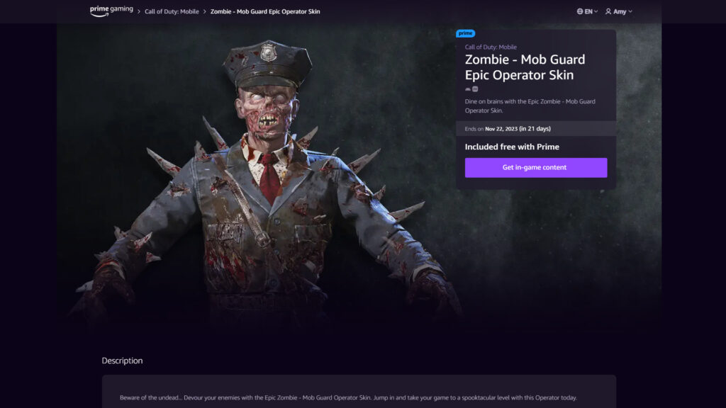 Redeeming the CoD Mobile Zombie - Mob Guard Epic Operator Skin (Image via Prime Gaming)