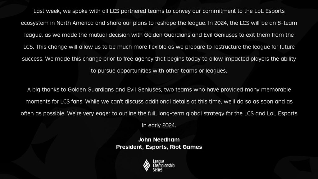 Golden Guardians and Evil Geniuses leave LCS 2024 (Image via Riot Games)