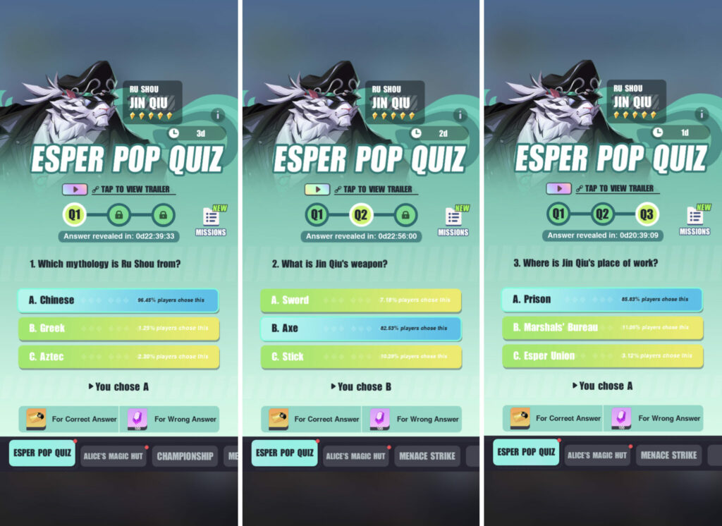 Dislyte Esper Pop Quiz answers Jin Qiu (Ru Shou) esports.gg