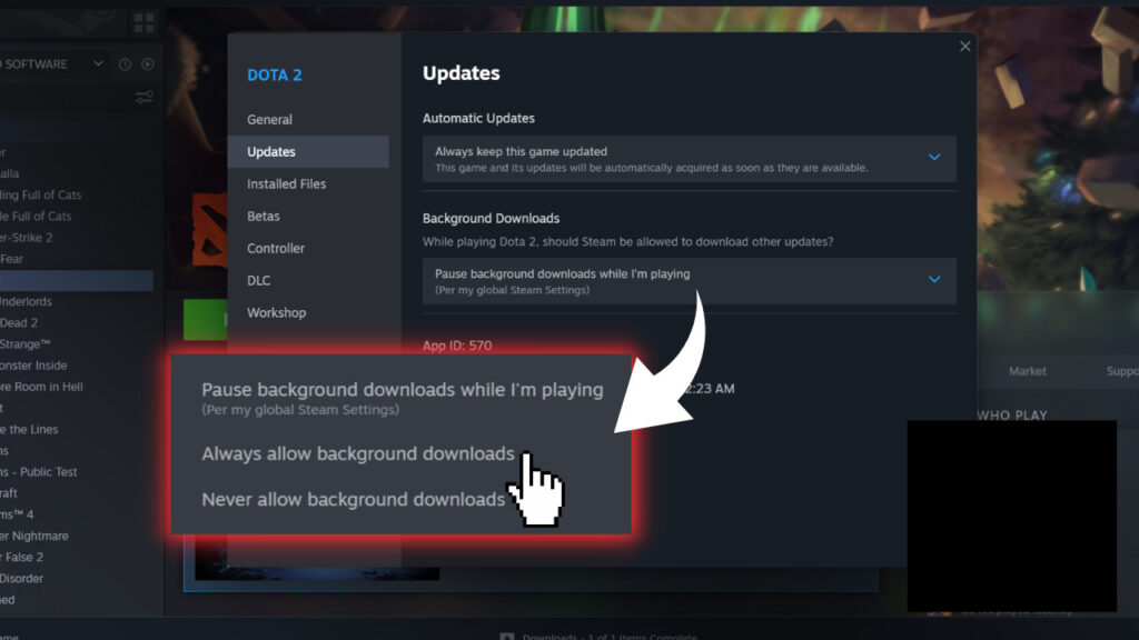 Step three: Change Background Downloads settings to "Always allow background downloads".<br>(Screenshot via esports.gg)