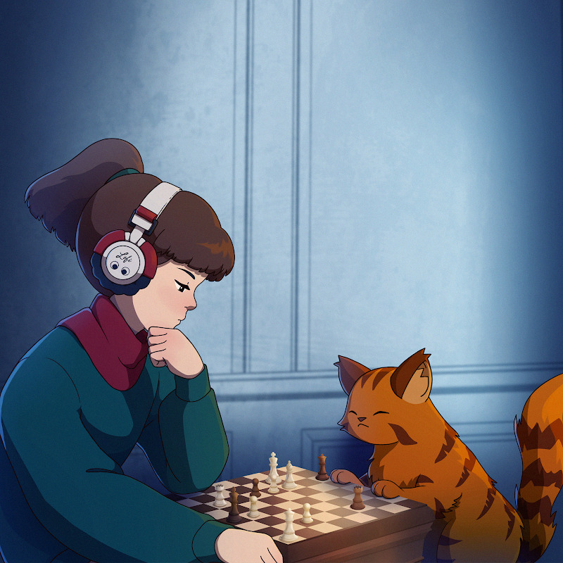 Lofi Girl plays chess with her cat.<br>(Image via Lofi Girl)