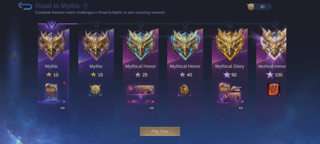 The Road to Mythic rewards section in MLBB. (Screenshot via esports.gg)