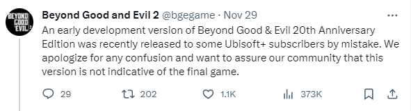 Beyond Good and Evil 20th Anniversary Edition statement (Image via X)