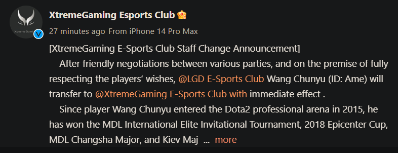 Xtreme Gaming announces Ame's arrival on <a href="https://weibo.com/7720945580">Weibo</a>. (Screenshot via esports.gg)