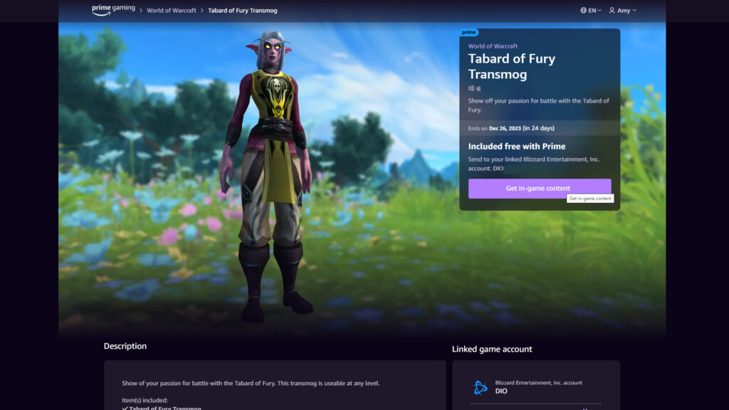 Free World of Warcraft Tabard of Fury transmog (Image via Prime Gaming)
