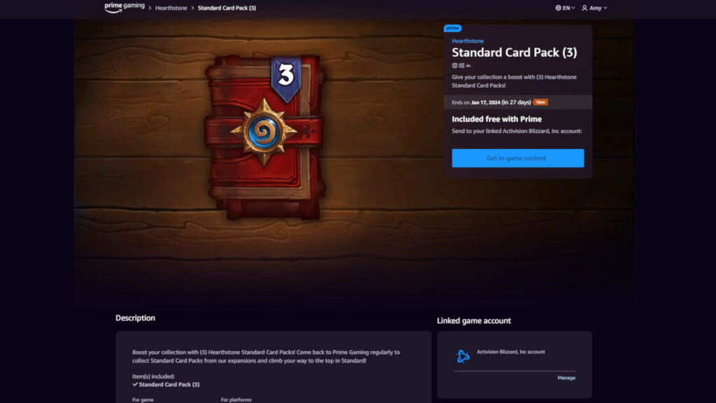 How to claim the free Hearthstone card packs (Image via Prime Gaming)
