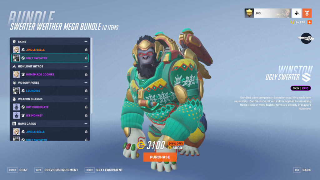 Overwatch 2 Ugly Sweater Winston skin (Image via Blizzard Entertainment)