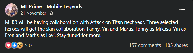 <a href="https://www.facebook.com/wridlergaming/posts/pfbid02BkQmB5hwMTiSpm17MbWC7BA9UH7XiZHNYPskTrC2dKMunA52ZRFdW4i77DakobmHl">ML Prime</a> suggested that a Mobile Legends x Attack on Titan collaboration is in the works.<br>(Screenshot via esports.gg)