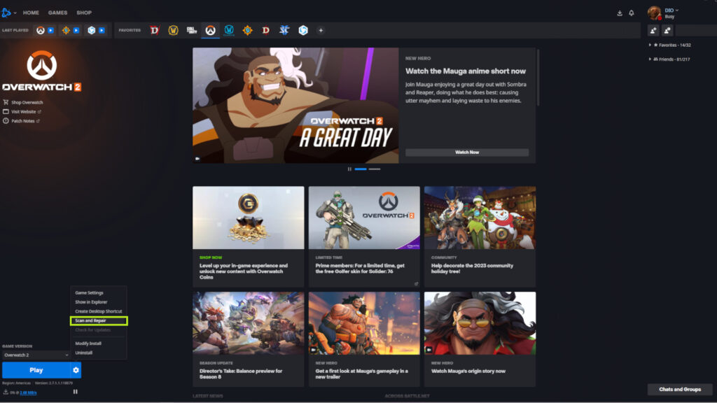How to verify Overwatch 2's file integrity on the Battle.net launcher (Image via esports.gg)