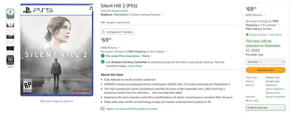 Amazon.com price and details for Silent Hill 2 (Screenshot by esports.gg)