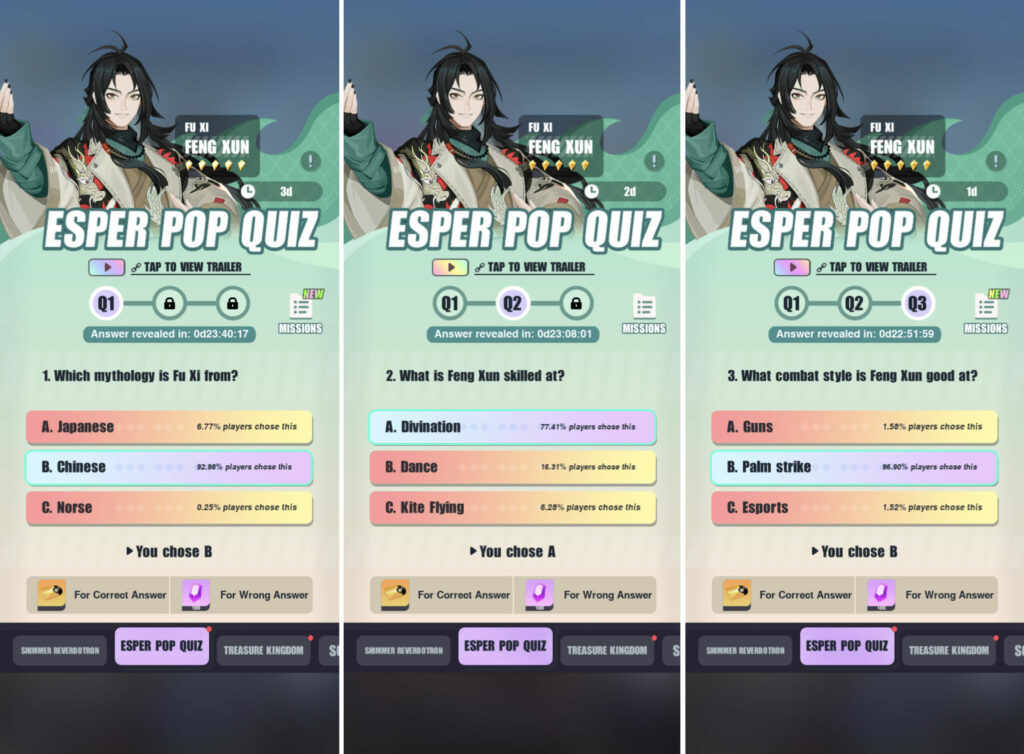 Dislyte Esper Pop Quiz Feng Xun answers (Image via Lilith Games)
