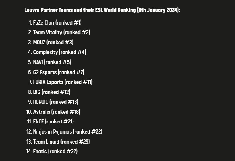 Partner teams and their ESL rankings (Image via ESL Gaming)