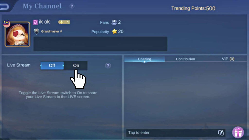 How to activate livestreaming in MLBB - Step three.<br>(Screenshot via esports.gg)