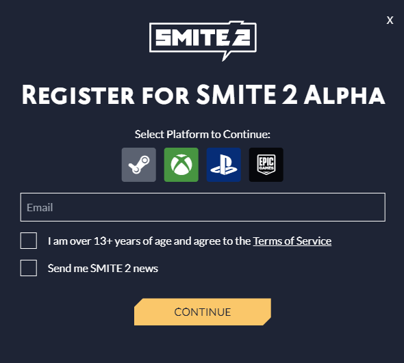 SMITE 2 alpha playtest sign-up screen (Image via Titan Forge Games)