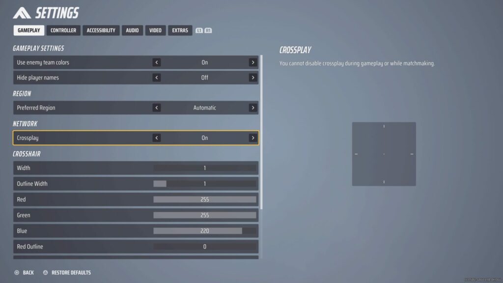 Crossplay can be turned on or off from the Settings menu (Screenshot via esports.gg)