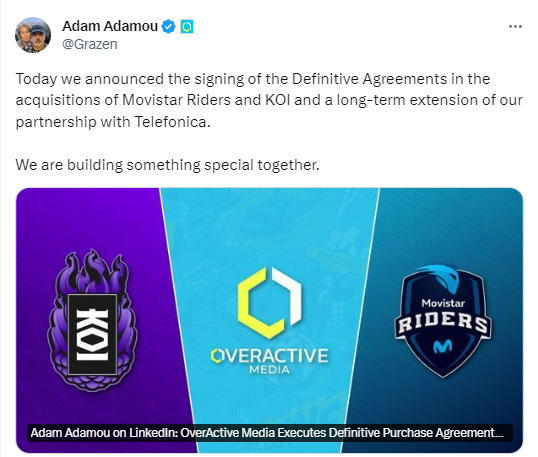 Adam Adamou, CEO of OverActive, celebrated the partnership with Telefónica (Image via X)