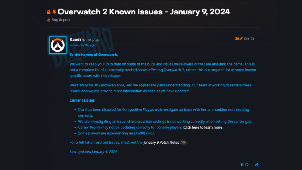 Kaedi acknowledges Illari's removal from Overwatch 2 (Image via Blizzard Entertainment)