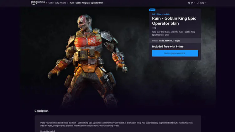 Unlocking the Goblin King Operator Skin (Image via Prime Gaming)