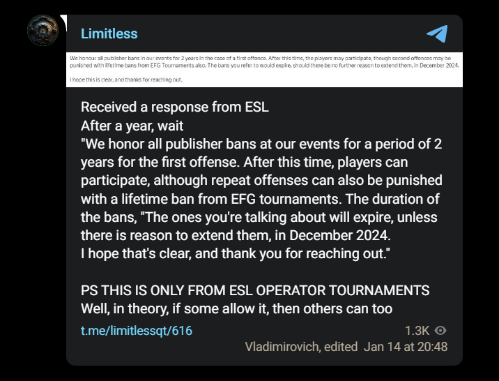 Limitless shares a response by ESL regarding his ban.<br>(via <a href="https://t.me/limitlessqt/616">Telegram</a>)