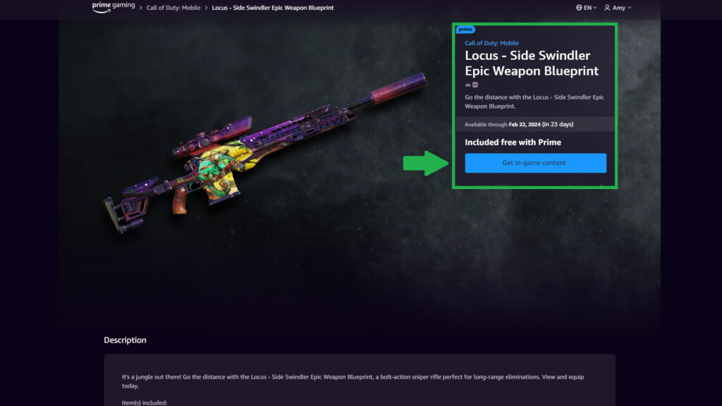 Locus - Side Swindler Epic Weapon Blueprint (Image via Prime Gaming)