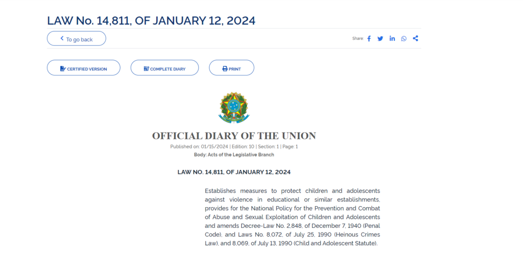 The date of the law is Jan.12, but it was published on the website on Jan. 15 (Image via Diário Oficial da União)