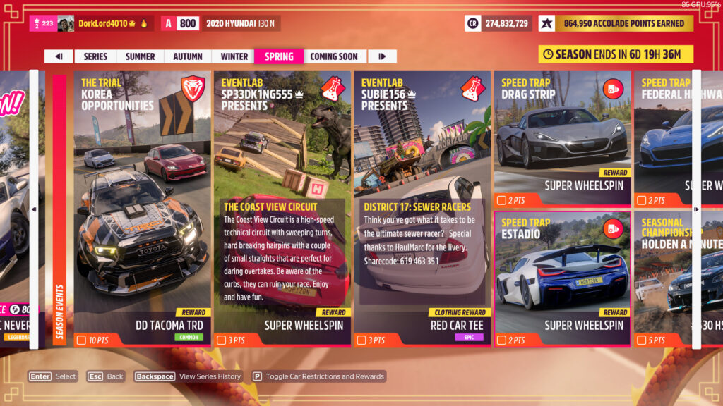 The Spring Festival Playlist offers lots of options to unlock the MG MG7 in Forza Horizon 5 (Image via Playground Games)