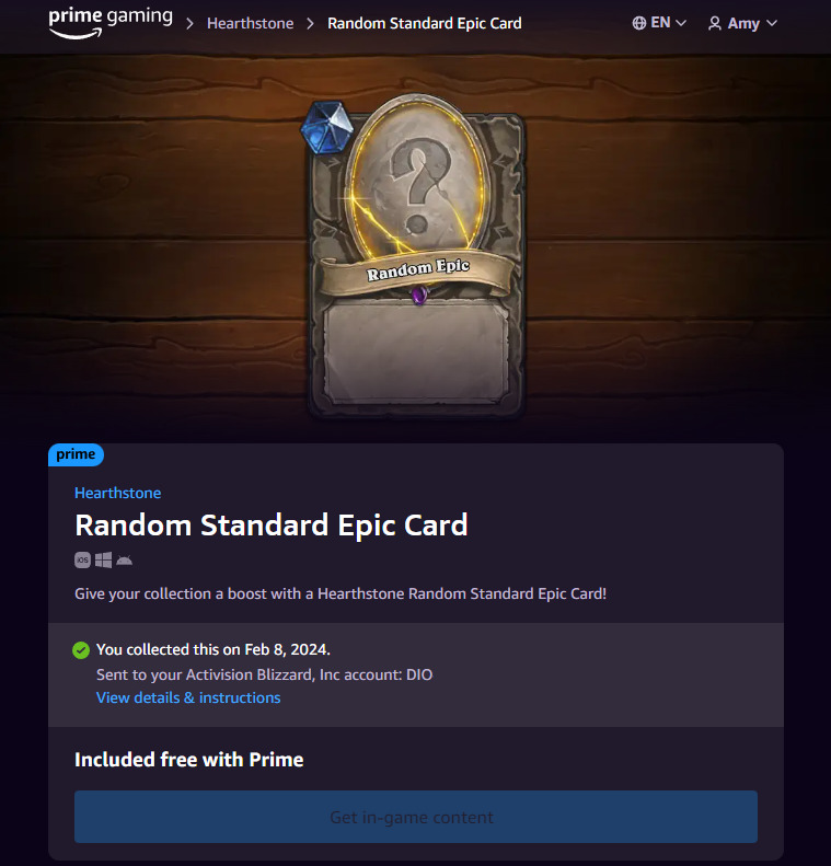 How to unlock the free Hearthstone card (Image via Prime Gaming)